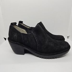 Fly London black suede heeled booties size 38
